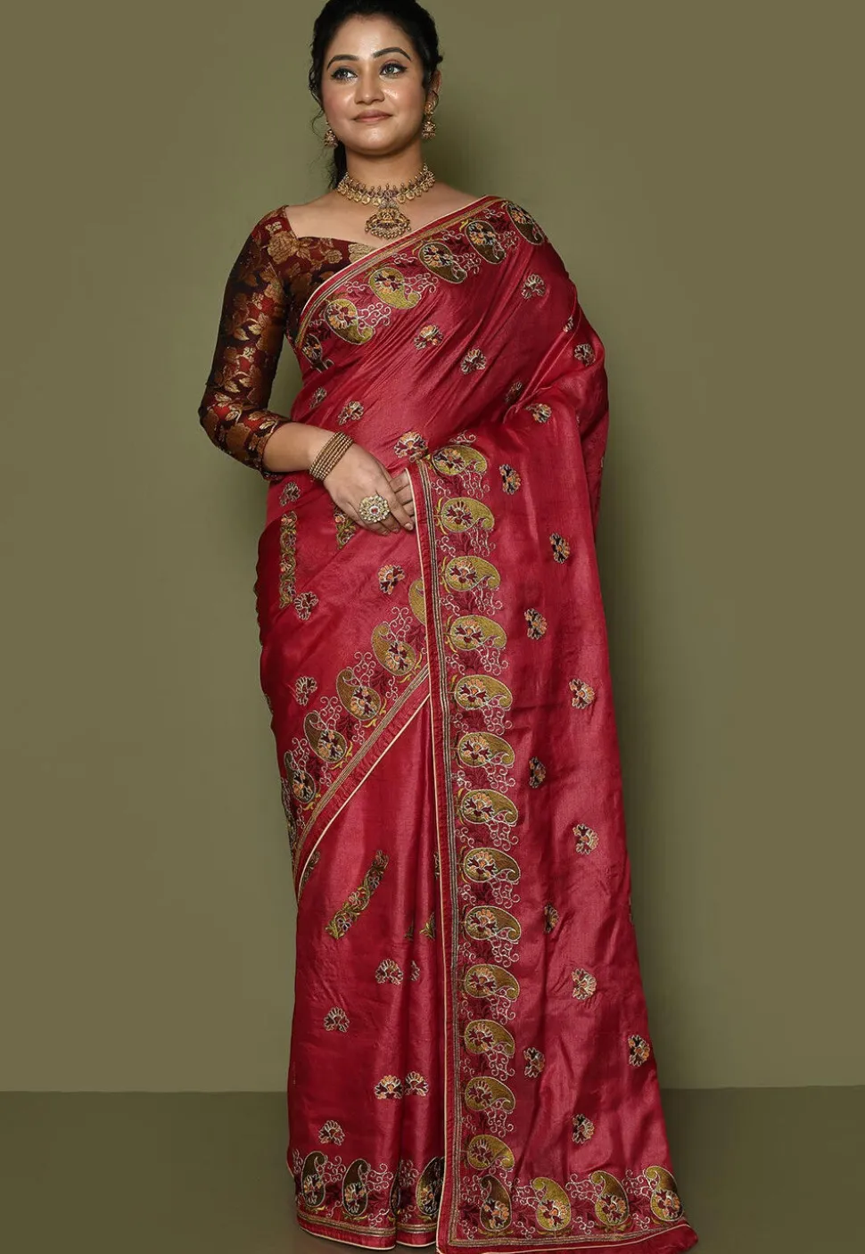 Pure Silk Embroidered Saree in Coral Red