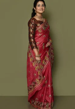 Pure Silk Embroidered Saree in Coral Red