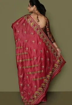 Pure Silk Embroidered Saree in Coral Red