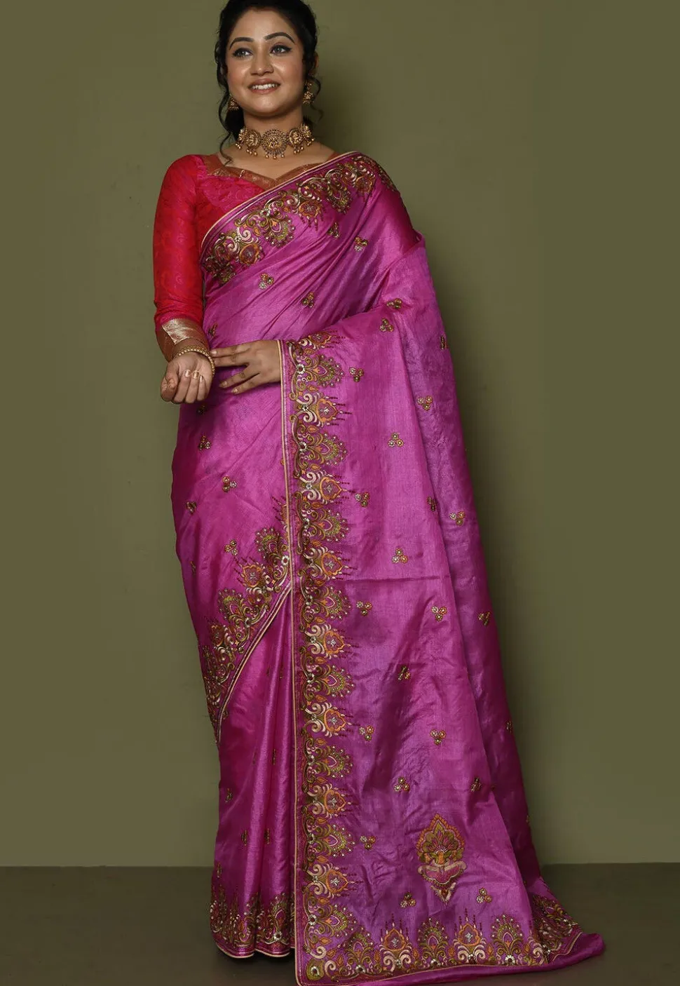 Pure Silk Embroidered Saree in Magenta