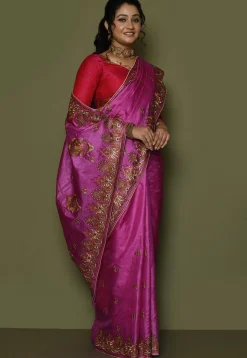 Pure Silk Embroidered Saree in Magenta