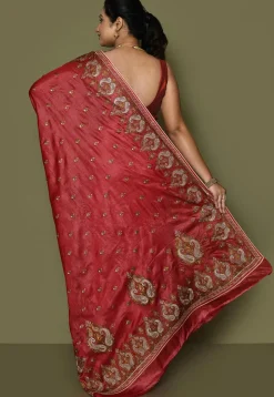 Pure Silk Embroidered Saree in Red