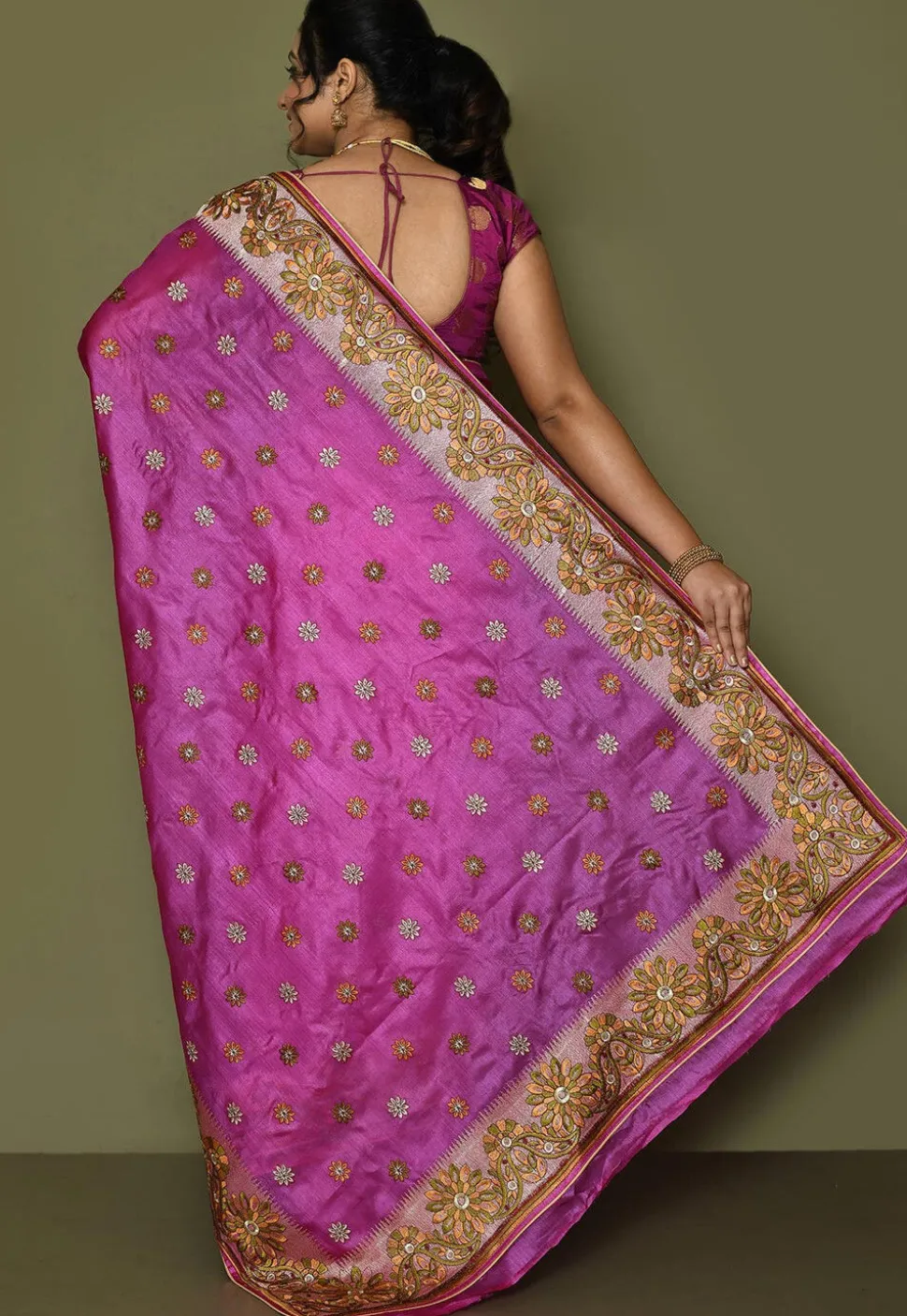 Pure Silk Embroidered Saree in Magenta