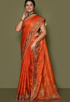 Pure Silk Embroidered Saree in Orange