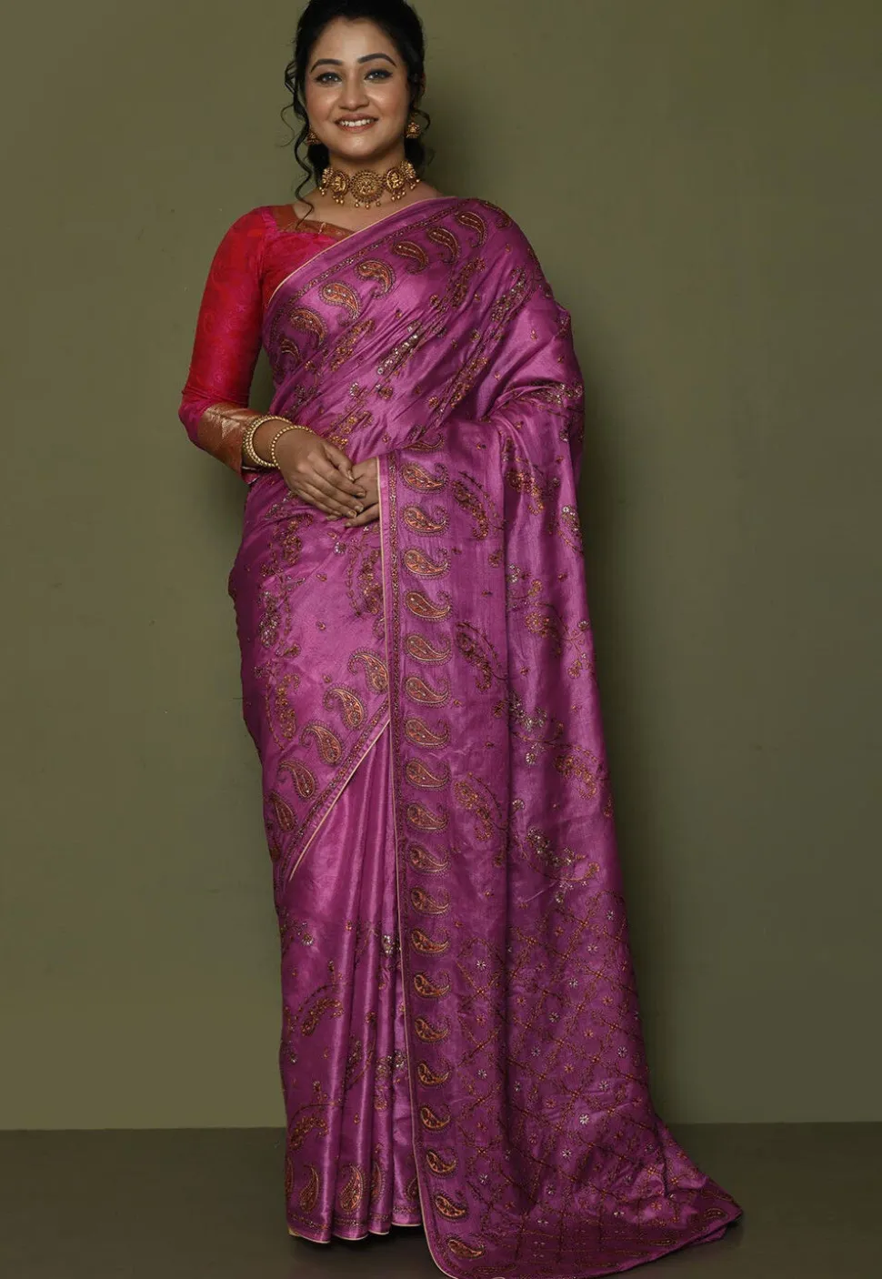 Pure Silk Embroidered Saree in Magenta