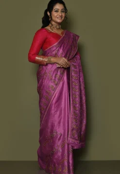 Pure Silk Embroidered Saree in Magenta