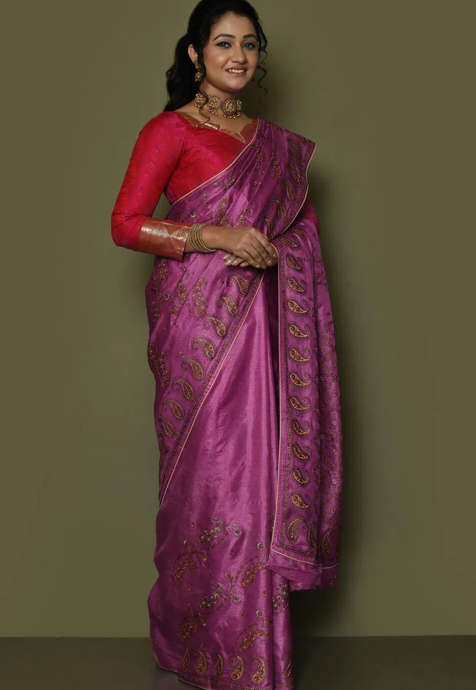 Pure Silk Embroidered Saree in Magenta