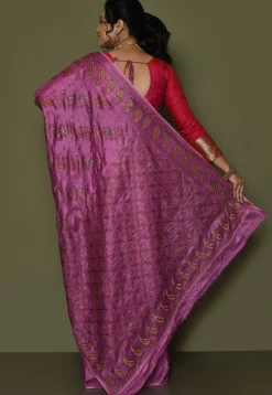 Pure Silk Embroidered Saree in Magenta