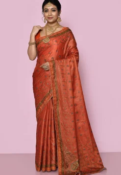 Pure Silk Embroidered Saree in Rust