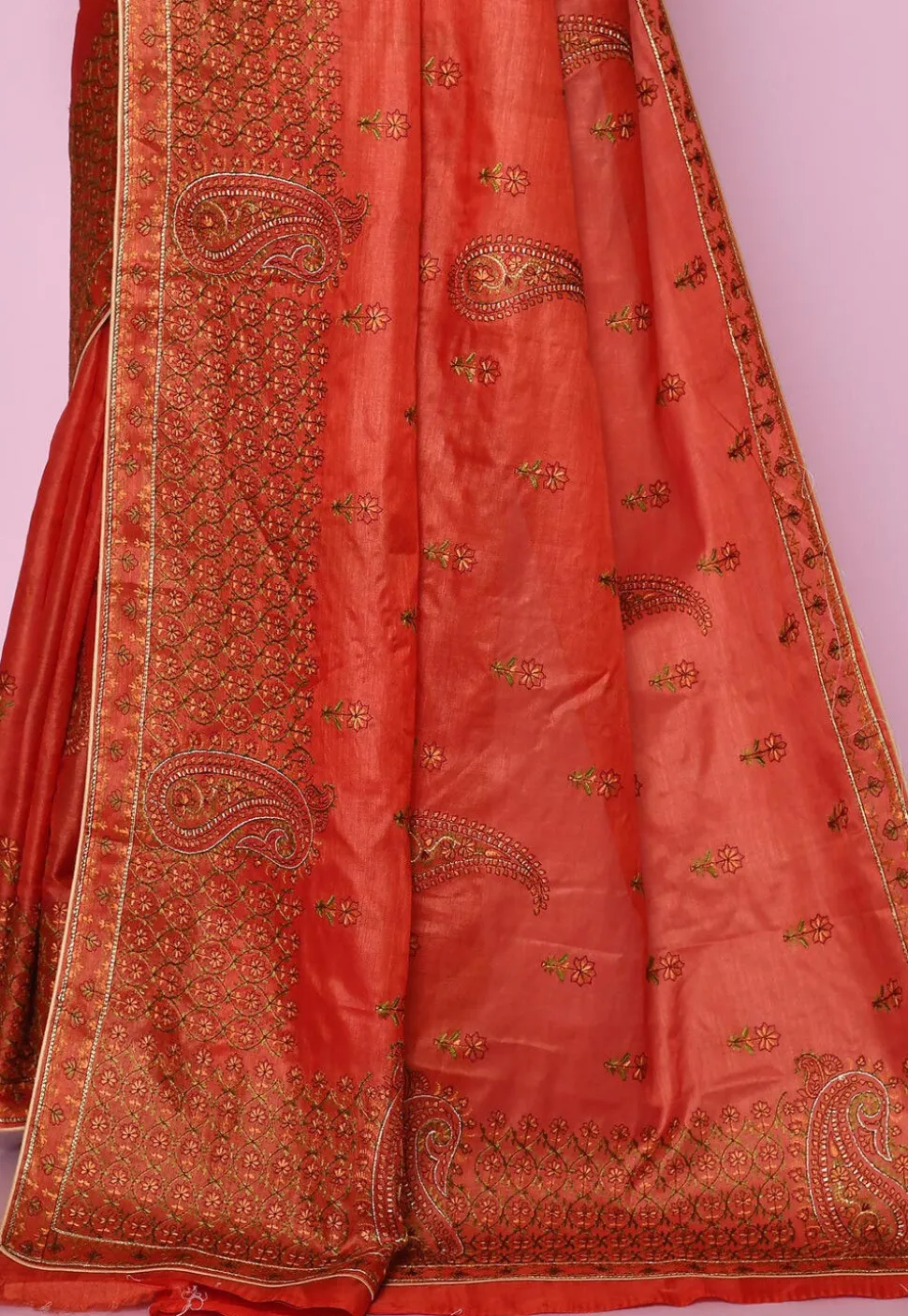 Pure Silk Embroidered Saree in Orange