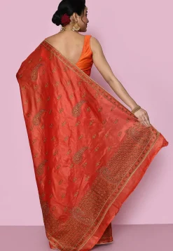 Pure Silk Embroidered Saree in Orange