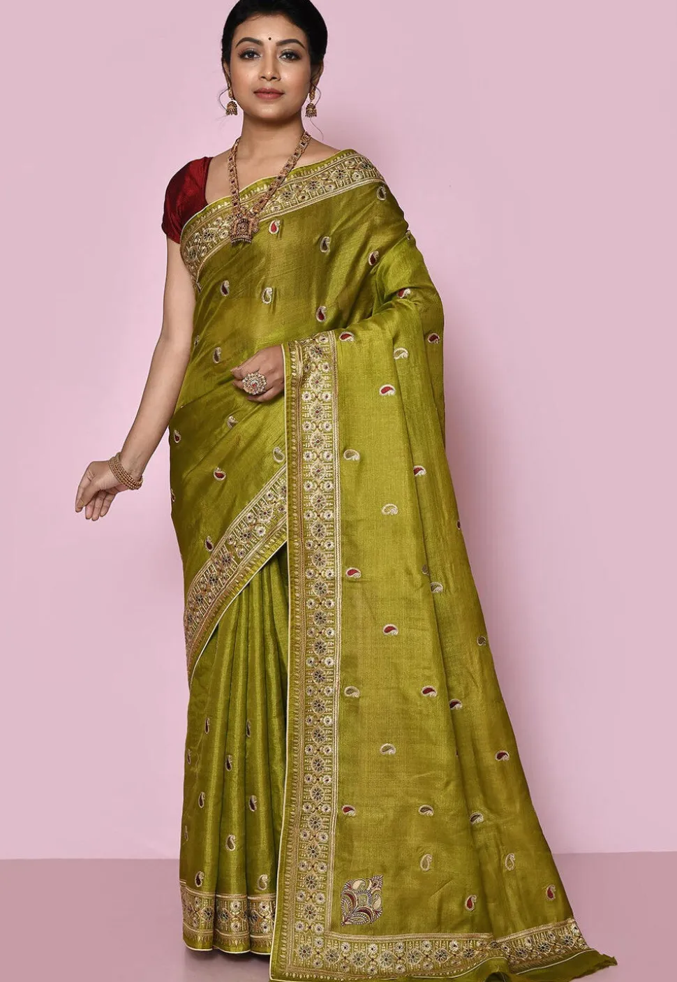 Pure Silk Embroidered Saree in Olive Green