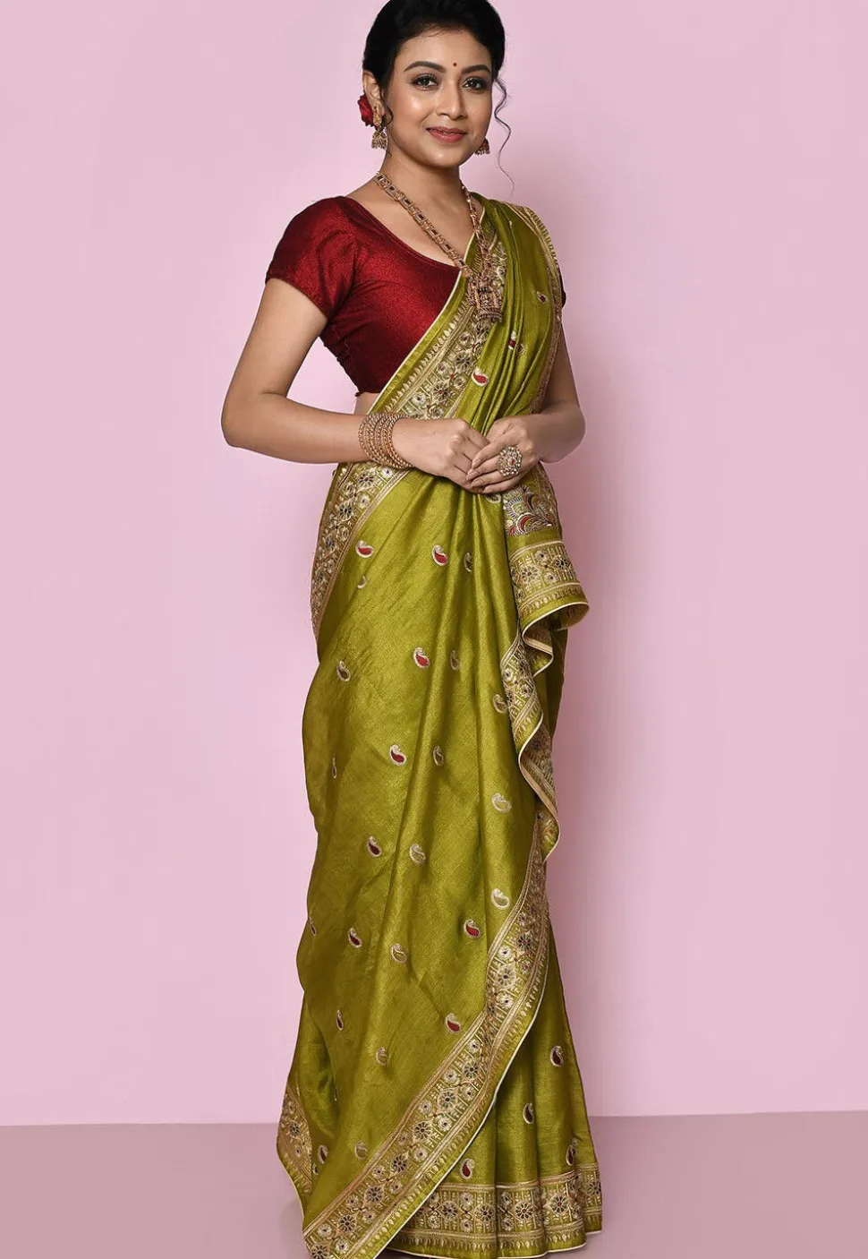 Pure Silk Embroidered Saree in Olive Green
