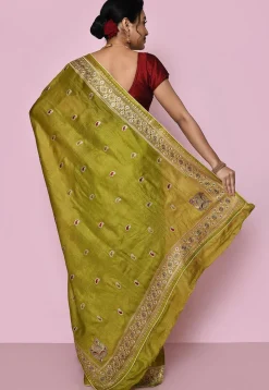 Pure Silk Embroidered Saree in Olive Green