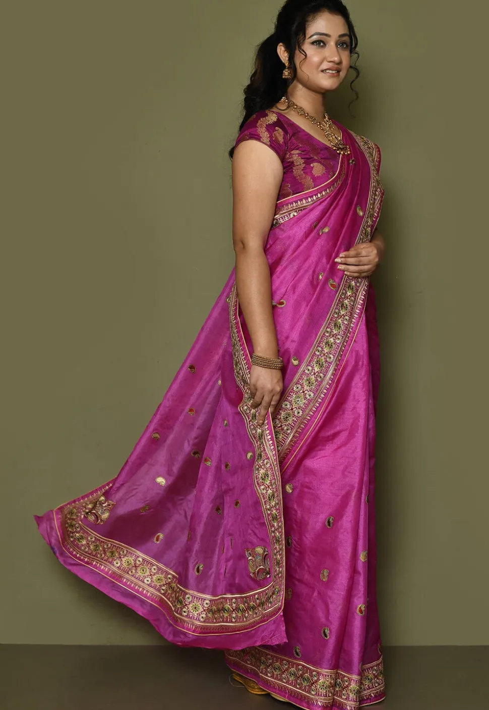 Pure Silk Embroidered Saree in Magenta