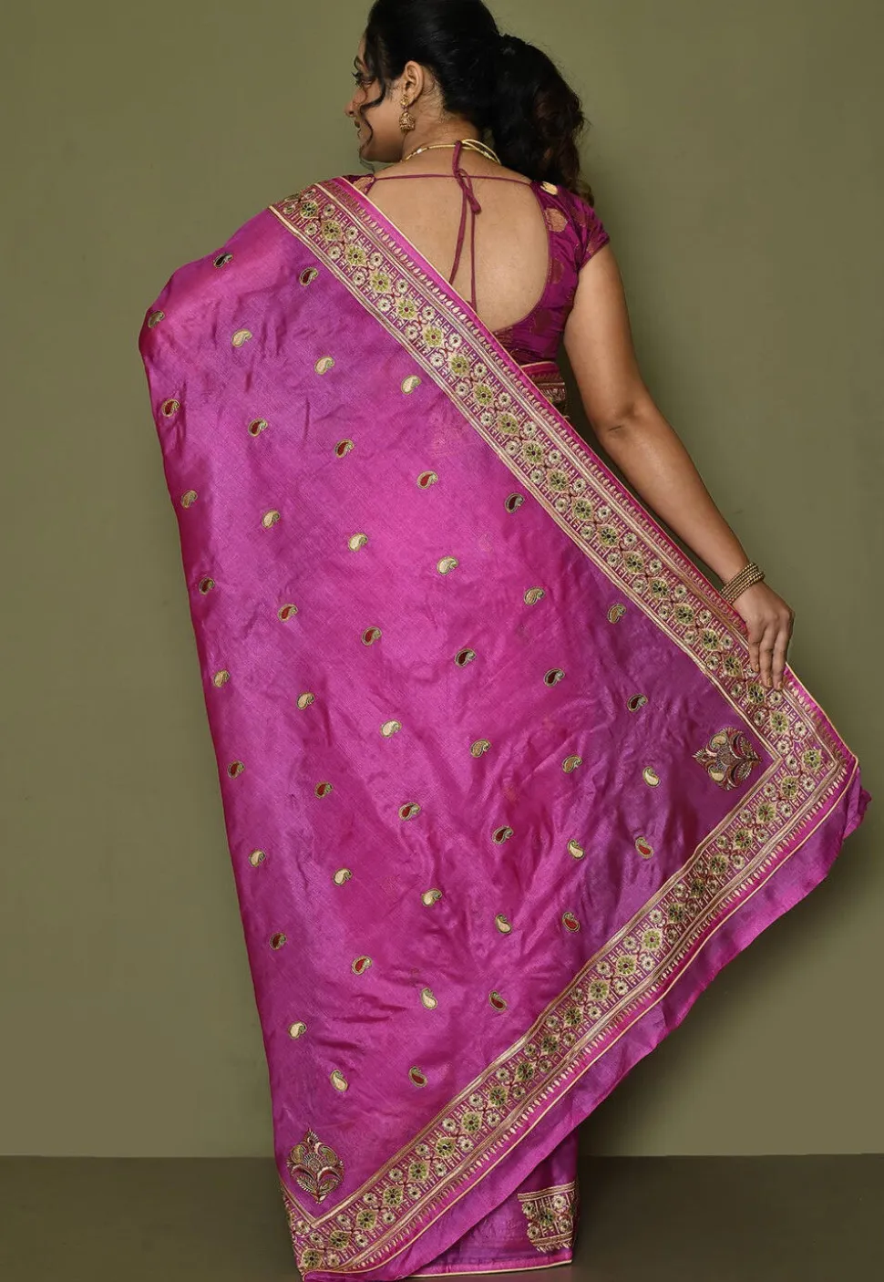 Pure Silk Embroidered Saree in Magenta