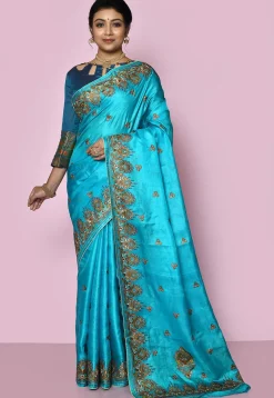 Pure Silk Embroidered Saree in Sky Blue