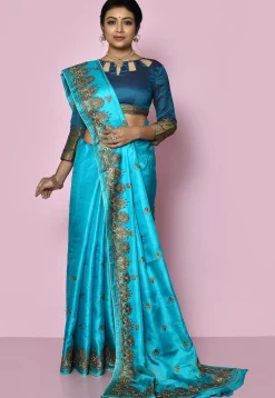 Pure Silk Embroidered Saree in Sky Blue