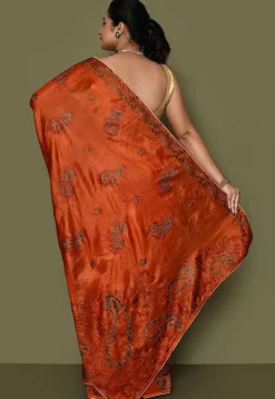 Pure Silk Embroidered Saree in Orange