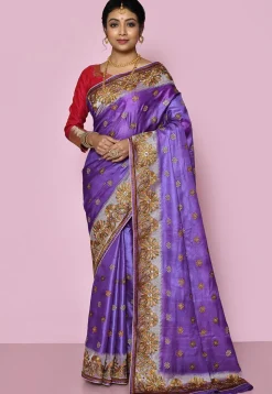 Pure Silk Embroidered Saree in Indigo Blue