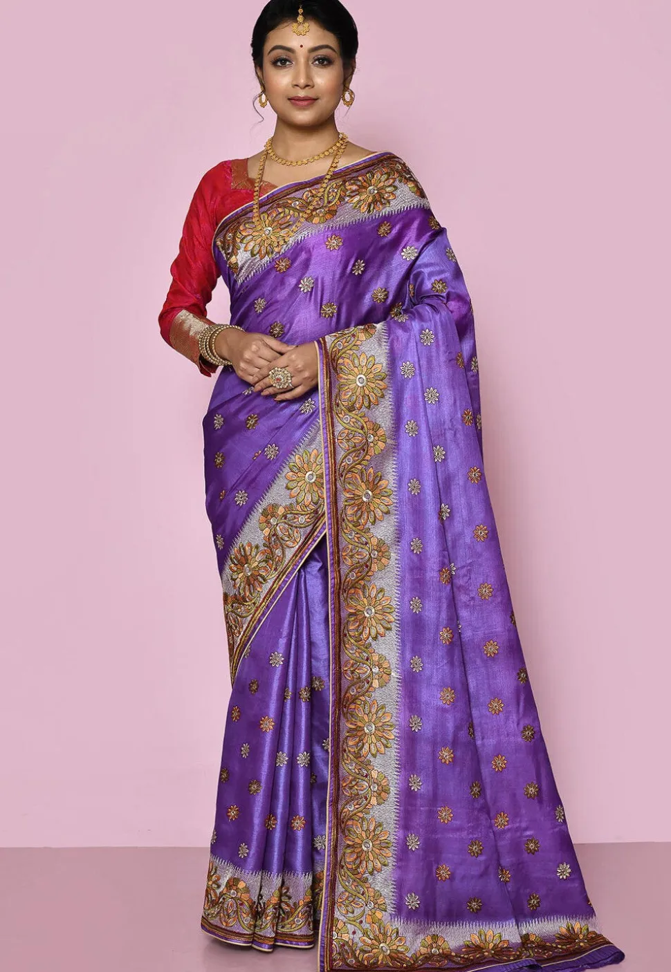 Pure Silk Embroidered Saree in Indigo Blue