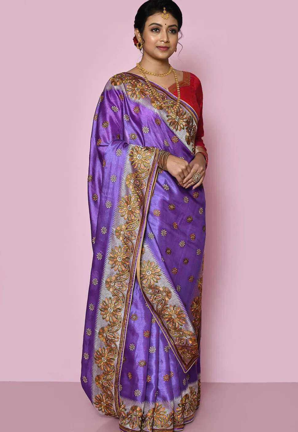 Pure Silk Embroidered Saree in Indigo Blue