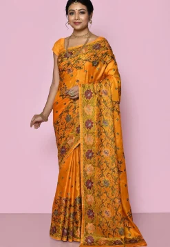 Pure Silk Embroidered Saree in Mustard