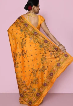 Pure Silk Embroidered Saree in Mustard