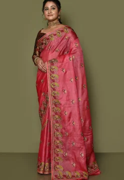 Pure Silk Embroidered Saree in Coral Pink