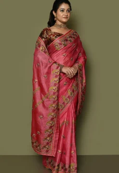 Pure Silk Embroidered Saree in Coral Pink