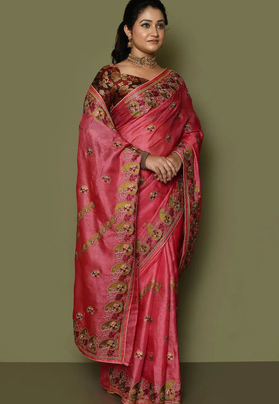 Pure Silk Embroidered Saree in Coral Pink