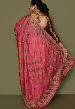Pure Silk Embroidered Saree in Coral Pink