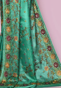 Pure Silk Embroidered Saree in Teal Green