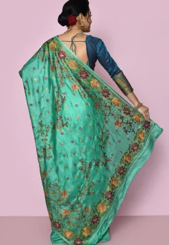 Pure Silk Embroidered Saree in Teal Green