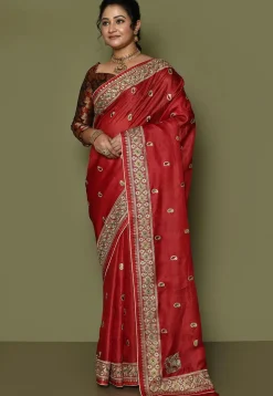 Pure Silk Embroidered Saree in Red