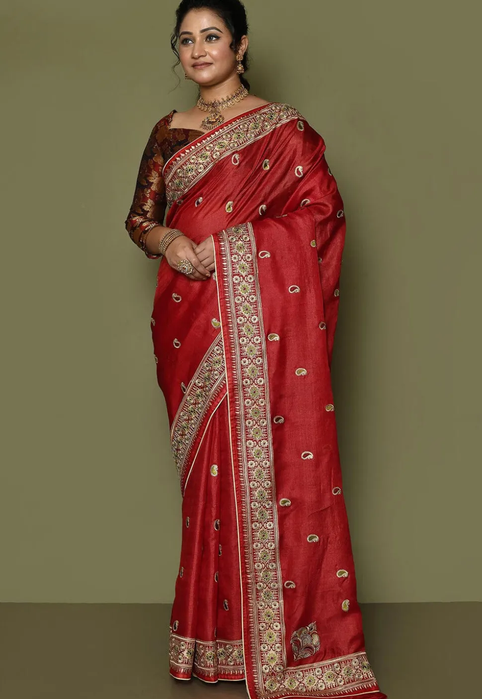 Pure Silk Embroidered Saree in Red