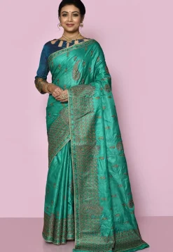 Pure Silk Embroidered Saree in Teal Green