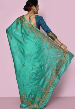 Pure Silk Embroidered Saree in Teal Green