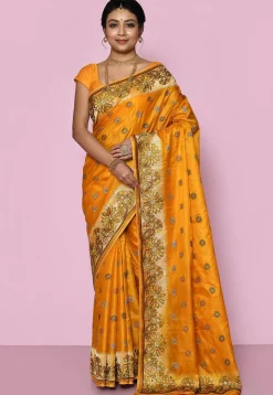 Pure Silk Embroidered Saree in Mustard