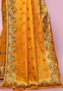 Pure Silk Embroidered Saree in Mustard
