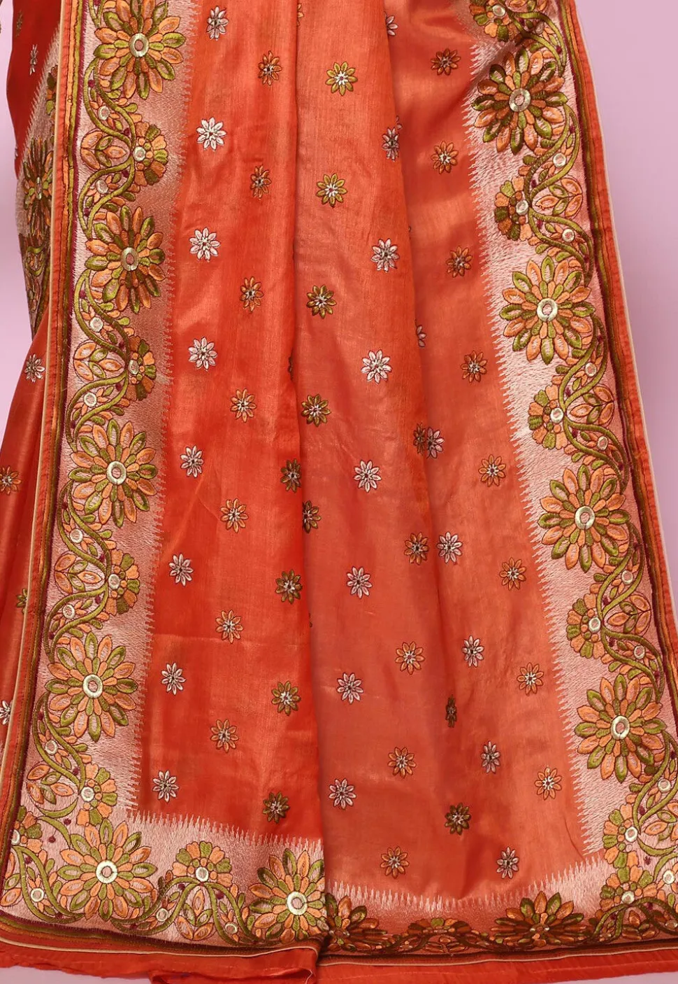Pure Silk Embroidered Saree in Dark Orange