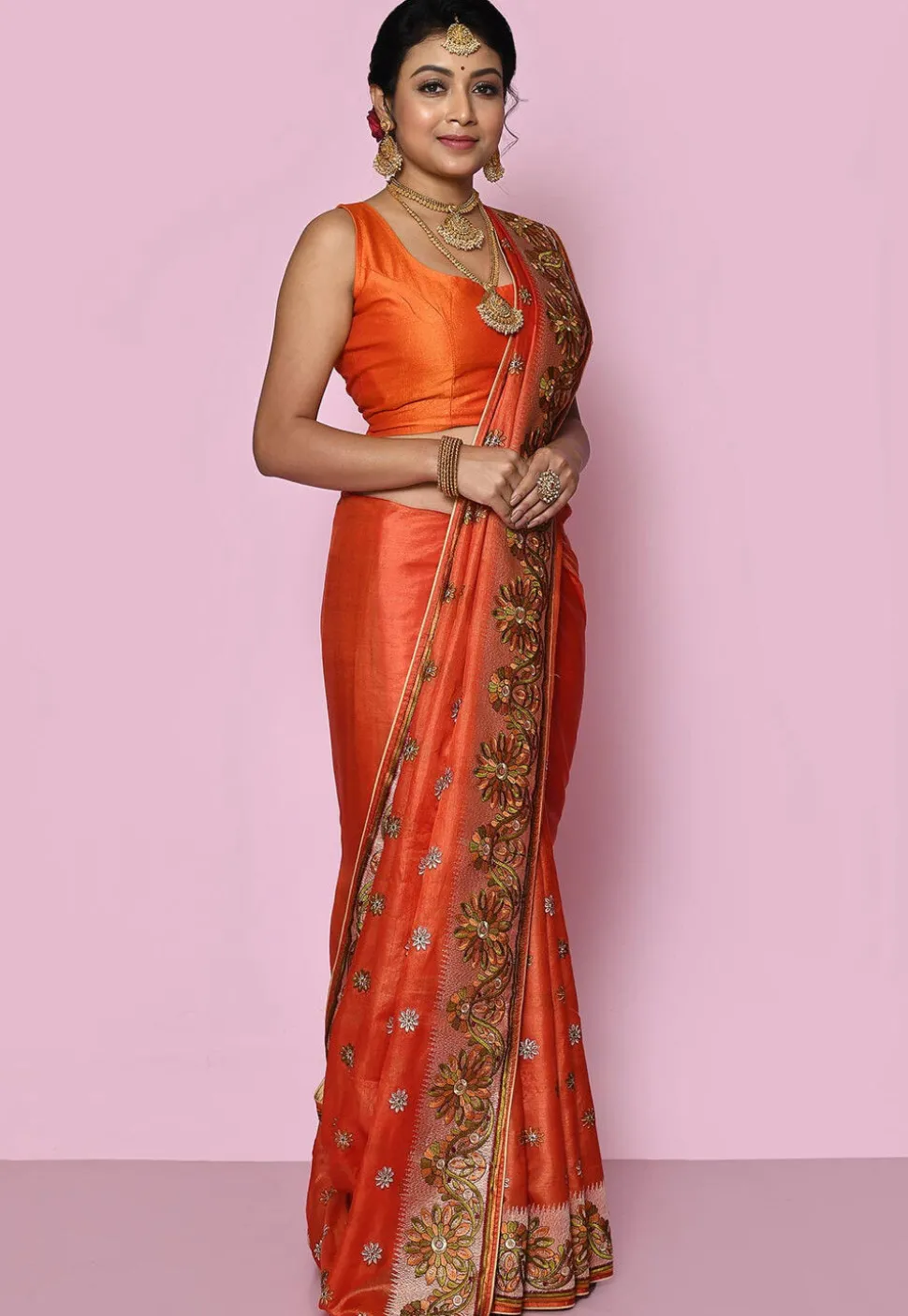 Pure Silk Embroidered Saree in Dark Orange