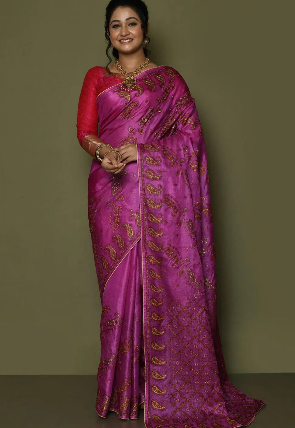 Pure Silk Embroidered Saree in Magenta