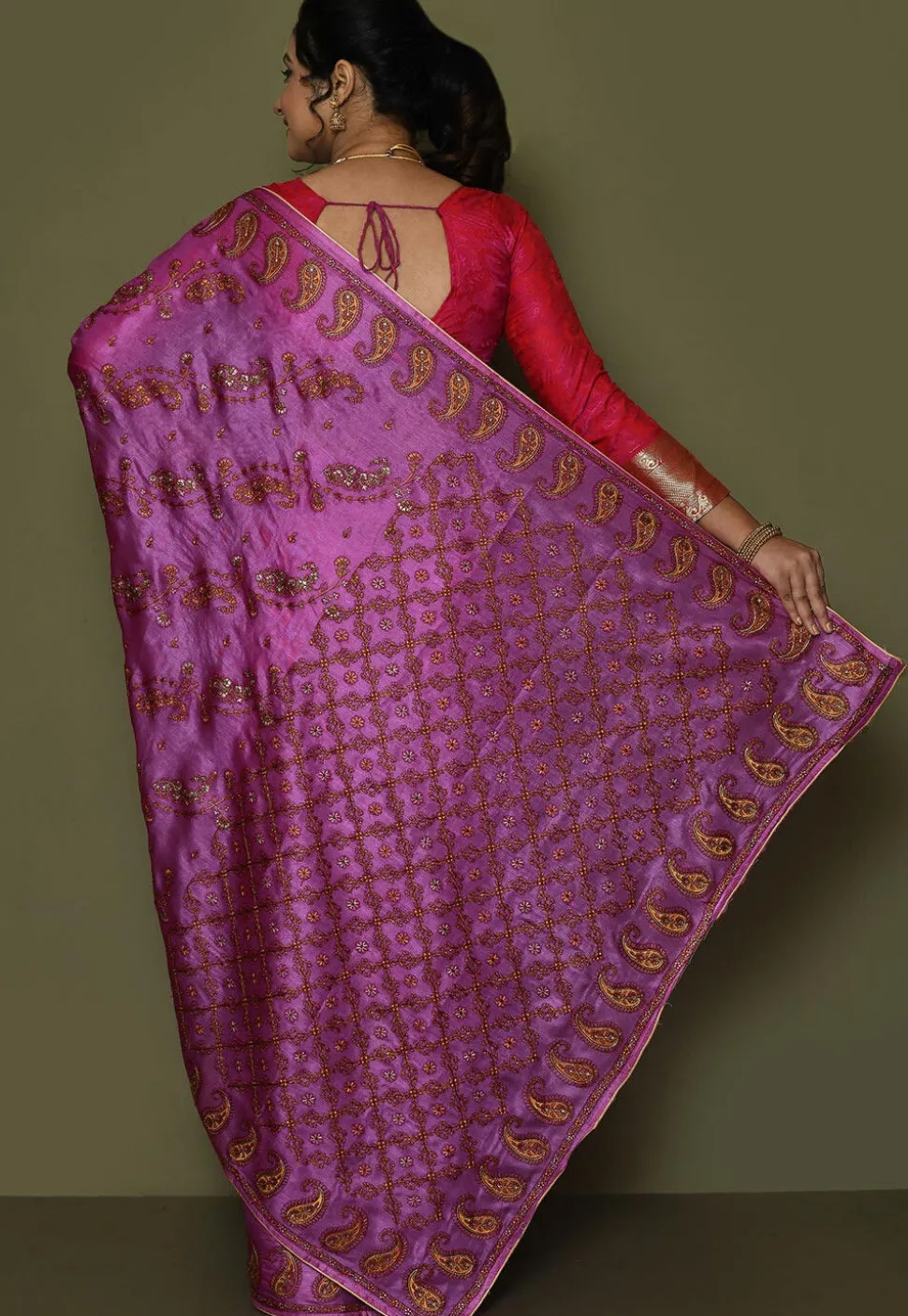 Pure Silk Embroidered Saree in Magenta