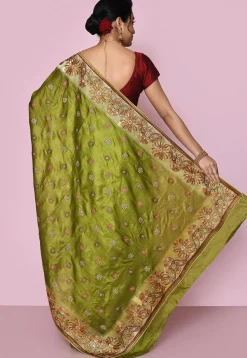 Pure Silk Embroidered Saree in Olive Green