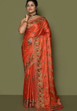 Pure Silk Embroidered Saree in Orange