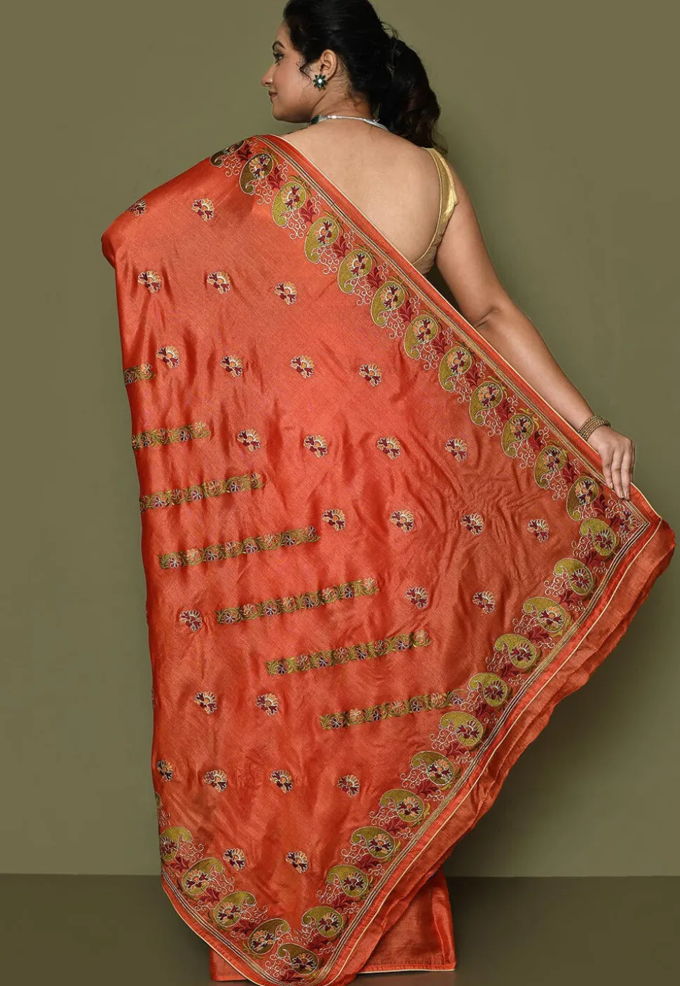 Pure Silk Embroidered Saree in Orange