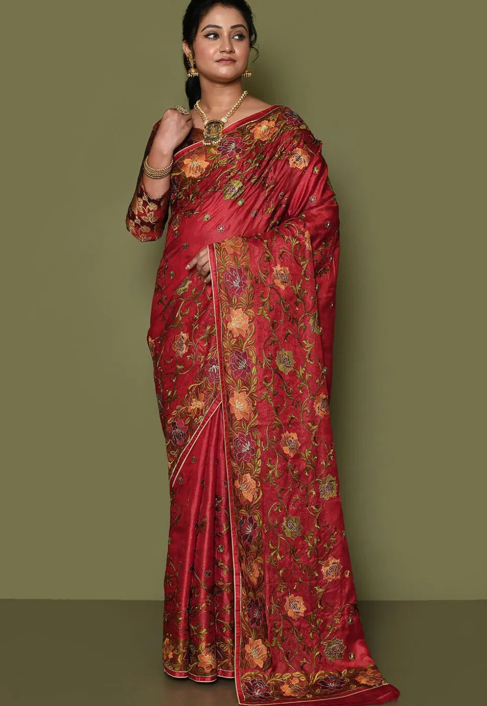 Pure Silk Embroidered Saree in Red