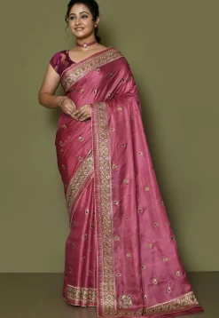 Pure Silk Embroidered Saree in Pink