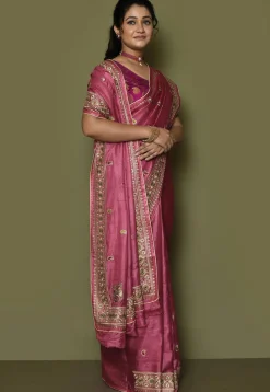 Pure Silk Embroidered Saree in Pink